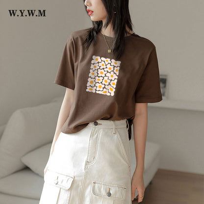 WYWM Summer Floral Printed Woman Tshirts Loose Soft O-neck Graphic Tee Harajuku Casual Streetwear Female Tops Clothes Women