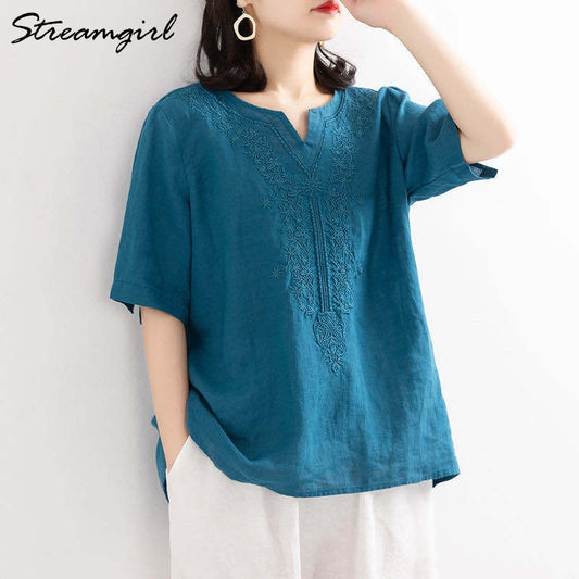 Womans Plus Size Cotton Linen Blouse Women 2021 Summer Loose V Neck Embroidery Blouse Short Sleeves Linen Shirt Women Tops