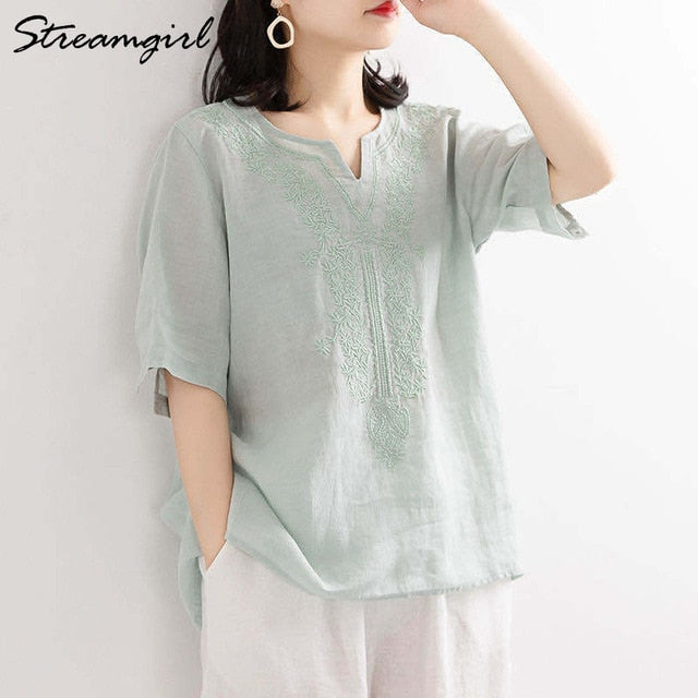 Womans Plus Size Cotton Linen Blouse Women 2021 Summer Loose V Neck Embroidery Blouse Short Sleeves Linen Shirt Women Tops