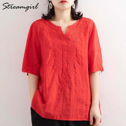 Womans Plus Size Cotton Linen Blouse Women 2021 Summer Loose V Neck Embroidery Blouse Short Sleeves Linen Shirt Women Tops