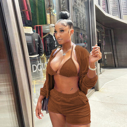 Women Sexy Shorts Three Piece Matching Sets Suit Lace Up Bra Top Outfits Hooded Long Sleeve Sweatshirt Coat and Shorts Tracksuit